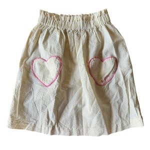 Bonton Girls 12 Skirt Yellow Seersucker Pink Heart Pockets Elastic Stretch Waist